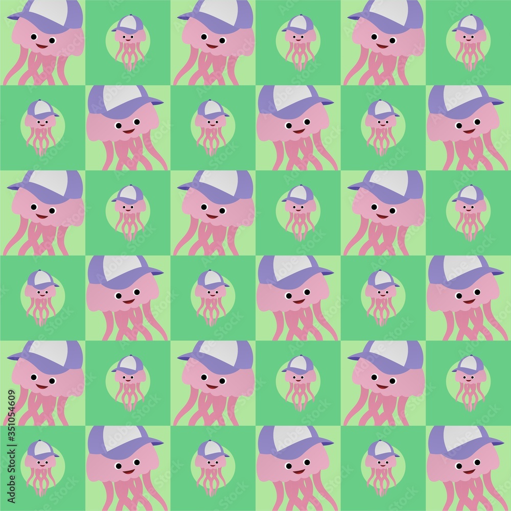 Pink Jellyfish Wear Purple Hat Cute Illustration, Cartoon Funny Character, Pattern Wallpaper 
