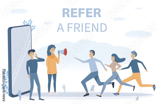Man and Women get out of the smartphone with megaphones to refer a friend. Refer a friend concept. Business partnership strategy, affiliate marketing.  Referral program. Flat vector illustration