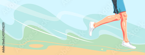 Runner on green background. Natural running. Healthy activity lifestyle vector cover. Legs flat illustration. Fast run spring poster. advertising concept. Fitness and sport banner