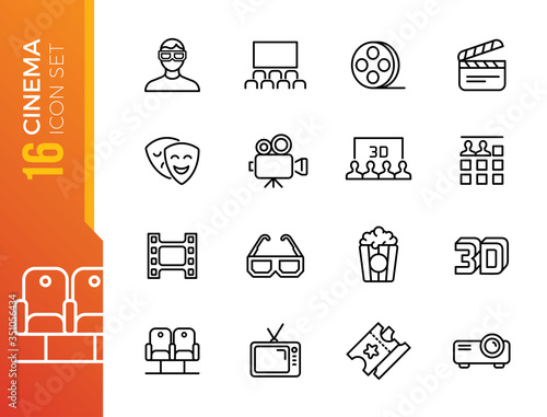 Set of Cinema and Entertainment Vector Line Icons with Movie Theater, Film Strip, Popcorn, Video Clip, 3d Glasses and more.