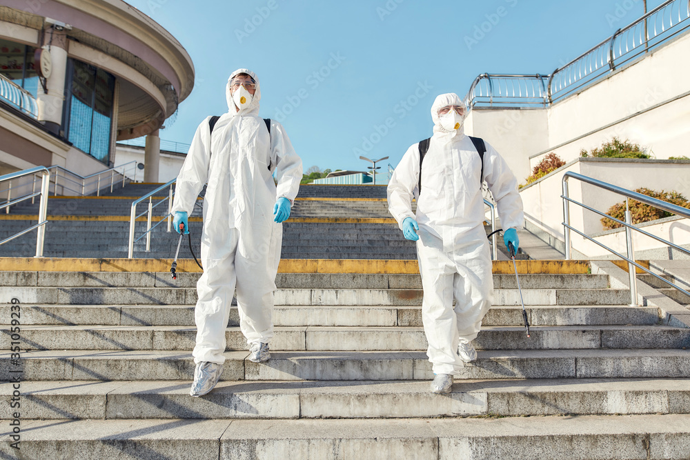 Leave the dirty work to us. Sanitization, cleaning and disinfection of the city due to the emergence of the Covid19 virus. Specialized team in protective suits and masks ready to work