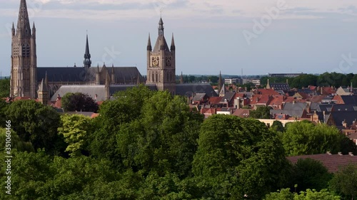 Aerial view of St. Martin cathedral and city panorama in Ypres, Belgium
