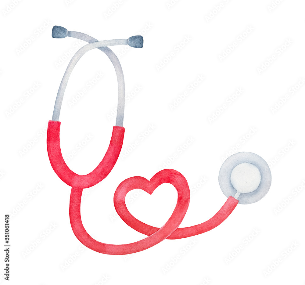 Watercolour illustration of bright red stethoscope, shaped as a heart. One  single object, top view. Hand painted water color graphic drawing on white,  cutout clipart element for design decoration. Stock Illustration