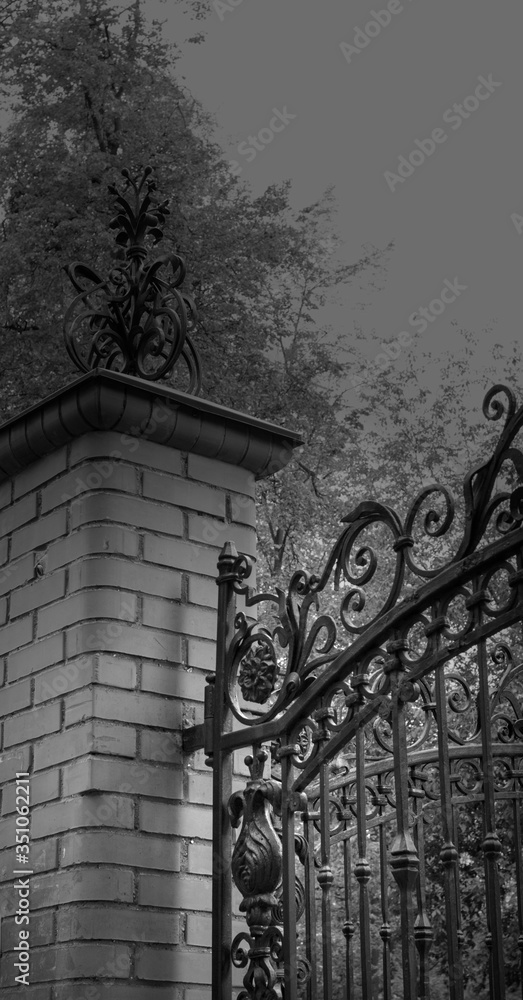 Forged fence. Metal fence, building fencing. Black and white photography.