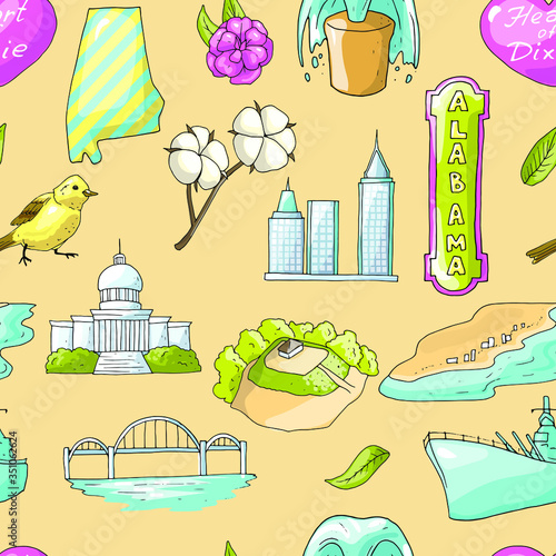Vector seamless pattern with Alabama's sighs ans sights infographics