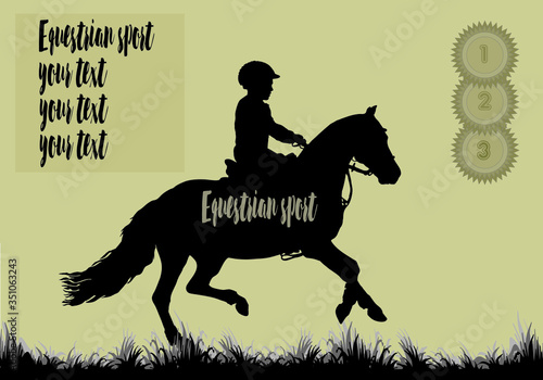 little girl rides a Welsh pony, children's equestrian sport, isolated black silhouette on a light beige background ,  place for your text, postcard