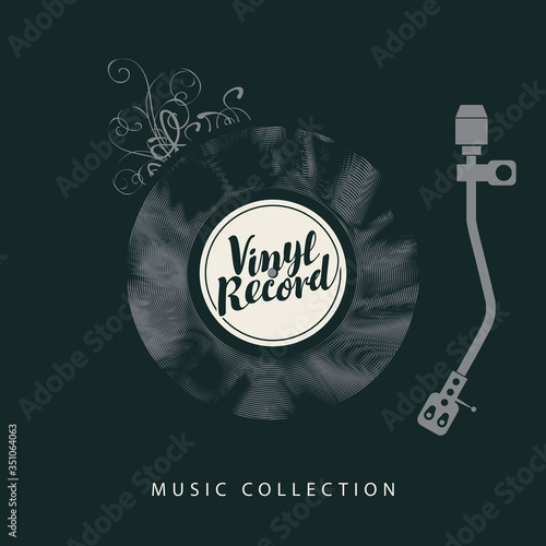 Vector monochrome banner with old vinyl record, record player and calligraphic lettering on the black background in retro style. Suitable for music poster, flyer, card, brochure, invitation, cover