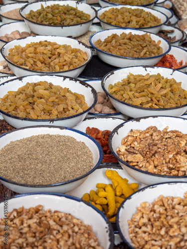 dried fruit and nuts on display in the spice market of chandni chowk in old delhi