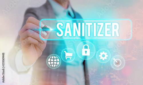 Writing note showing Sanitizer. Business concept for liquid or gel generally used to decrease infectious agents photo