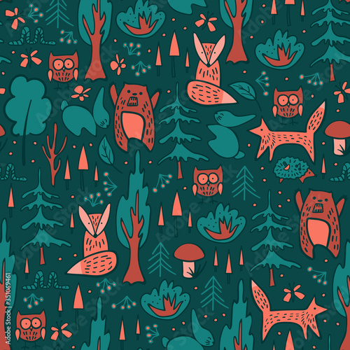 Woodland animals and trees seamless pattern. Cute hand drawn characters on dark green background. Vector illustration.