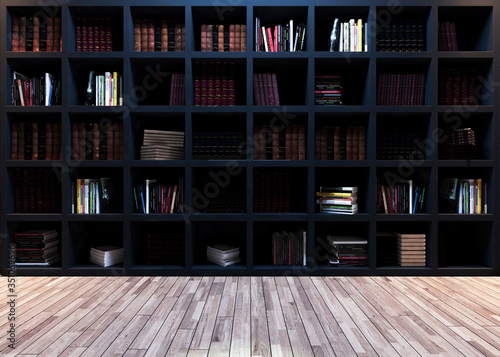 Modern black bookshelf with wooden parquet 3D rendering