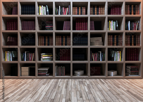 Modern wooden bookshelf with wooden parquet 3D rendering