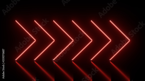 Abstract background 3d render of glowing neon arrows in red on reflecting floor. Laser show. Sign flashing neon lights. Lighting effects elements