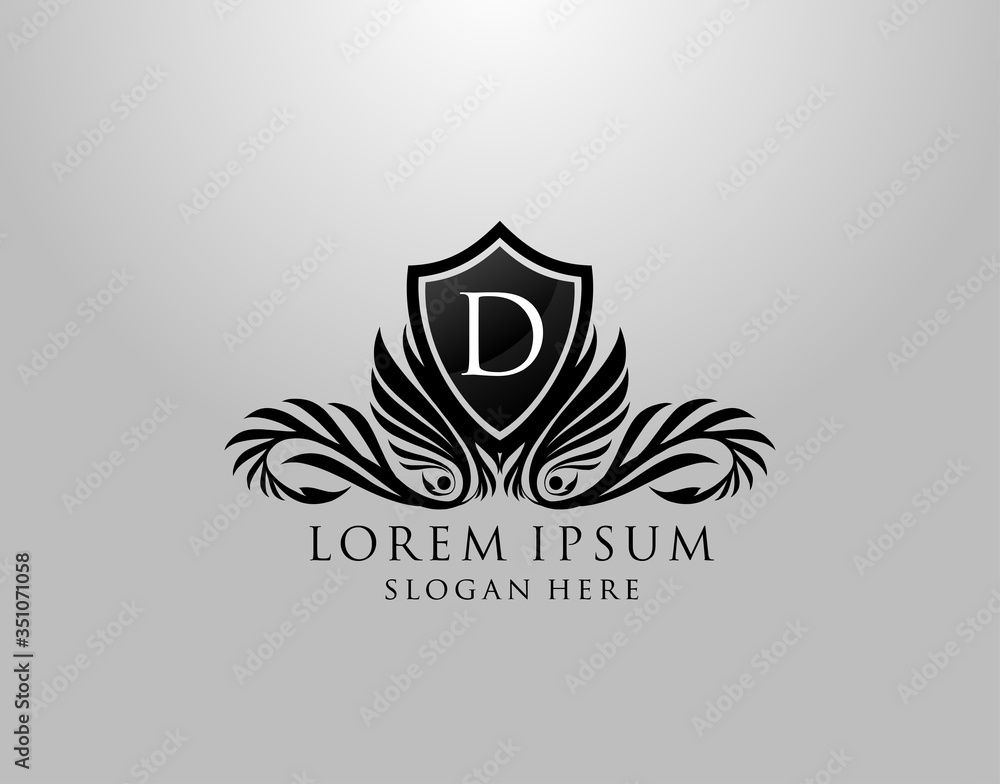 D Letter Logo. Classic Inital D Royal Shield design for Royalty, Letter Stamp, Boutique, Lable, Hotel, Heraldic, Jewelry, Photography.