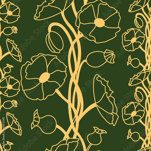Floral decorative pattern. Maquis. Seamless gold pattern on a green background