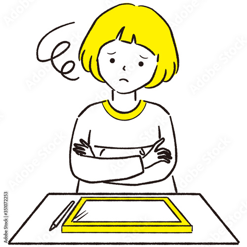 手描き1color  おかっぱ女の子　ペンタブレット　悩む
