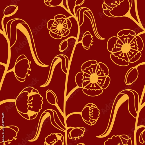 Floral decorative pattern. Maquis. Seamless gold pattern on a red background