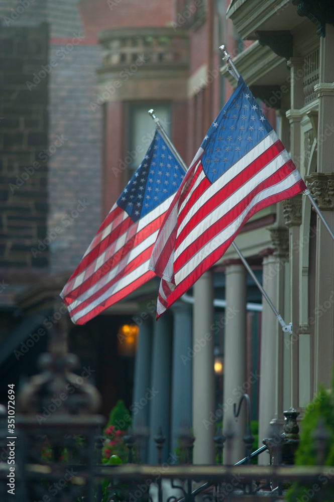American flags in the city