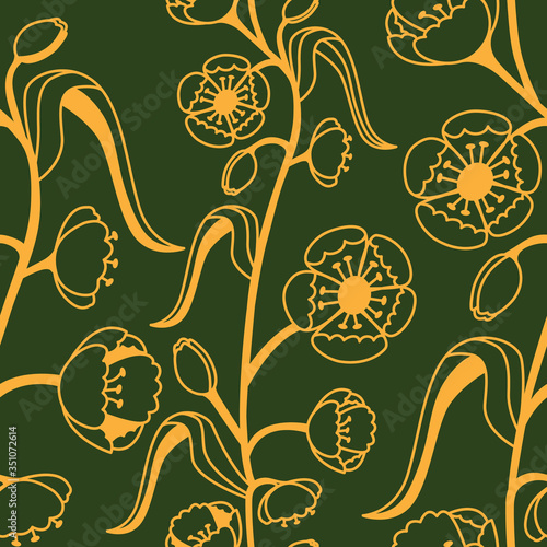 Floral decorative pattern. Maquis. Seamless gold pattern on a green background