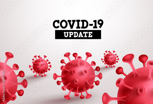 Covid-19 update vector banner. Covid19 update text with red coronavirus in white background for novel corona virus global outbreak. Vector illustration.
