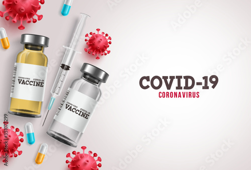 Covid-19 vaccine vector banner. Coronavirus covid-19 vaccine with syringe injection tools and space for text for the corona virus treatment in white background. Vector illustration.
