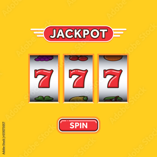 Jackpot triple seven in a yellow slot machine. Lucky seven. Casino vegas game. Slot machine game prize. Win 777 jackpot..C