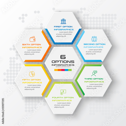Hexagon business infographics template with 6 options in white color background