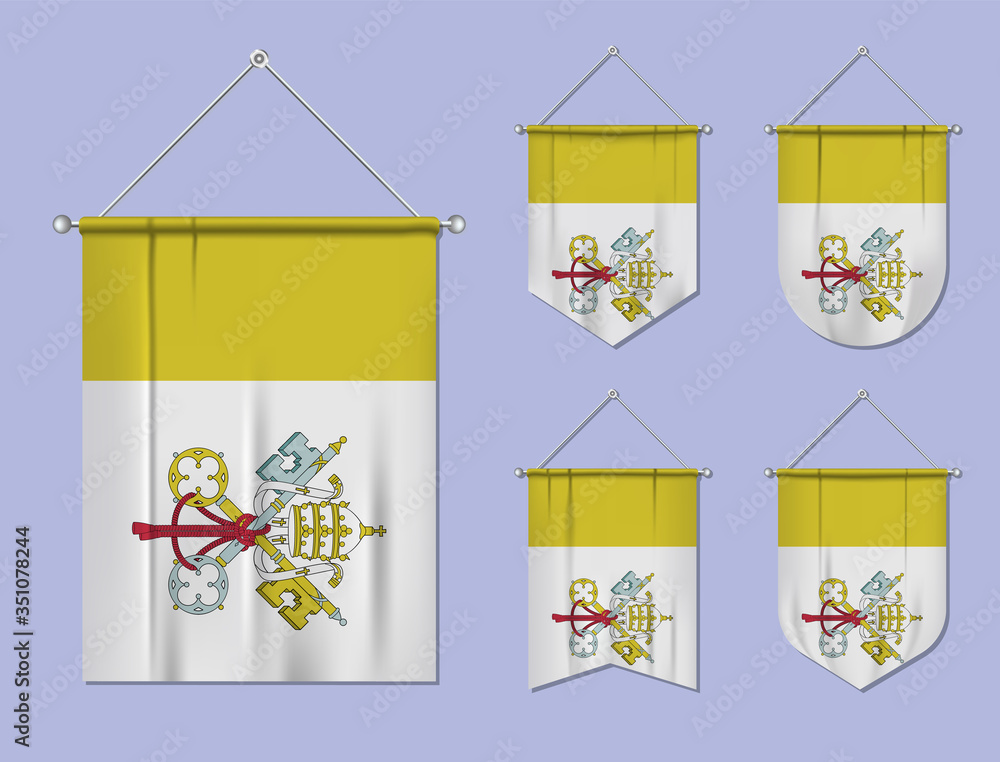 Set of hanging flags Vatican City with textile texture. Diversity shapes of the national flag country. Vertical template pennant for banner, web, logo, award and festival Set of hanging flags Vatican City with textile texture. Diversity shapes of the national flag country. Vertical template pennant for banner, web, logo, award and festival