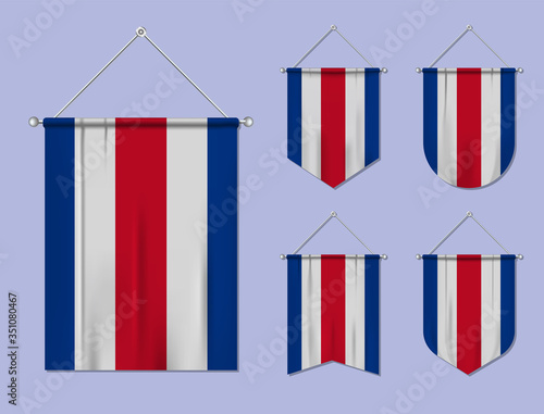 Set of hanging flags Costa Rica with textile texture. Diversity shapes of the national flag country. Vertical template pennant for banner, web, logo, award and festival