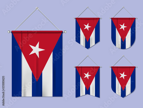 Set of hanging flags Cuba with textile texture. Diversity shapes of the national flag country. Vertical template pennant for banner, web, logo, award and festival