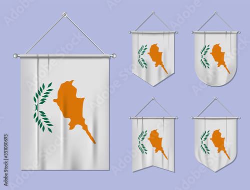 Set of hanging flags Cyprus with textile texture. Diversity shapes of the national flag country. Vertical template pennant for banner, web, logo, award and festival photo