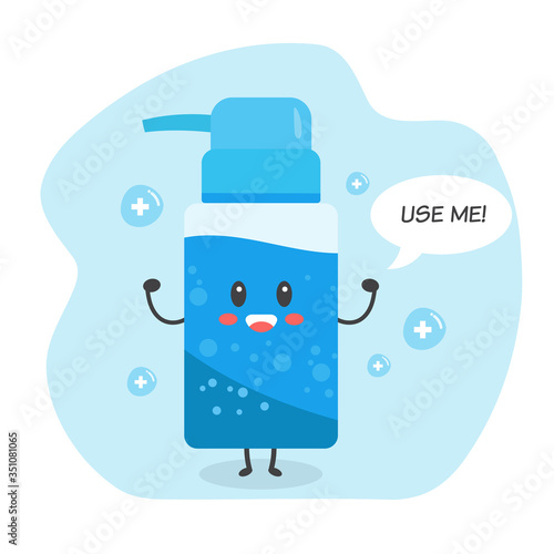 Cute cartoon happy lively hand sanitizer is flex muscle and rise up hand with big smile and say “use me” in the bubble text with many of cross sign in the bubble. Concept of coronavirus hand washing.
