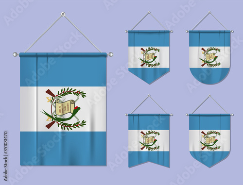 Set of hanging flags Guatemala with textile texture. Diversity shapes of the national flag country. Vertical template pennant for banner, web, logo, award and festival