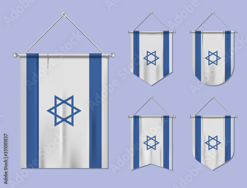Set of hanging flags Israel with textile texture. Diversity shapes of the national flag country. Vertical template pennant for banner, web, logo, award and festival