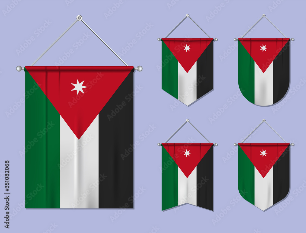 Set of hanging flags Jordan with textile texture. Diversity shapes of the national flag country. Vertical template pennant for banner, web, logo, award and festival Set of hanging flags Jordan with textile texture. Diversity shapes of the national flag country. Vertical template pennant for banner, web, logo, award and festival
