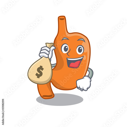 Crazy rich stomach mascot design having money bags