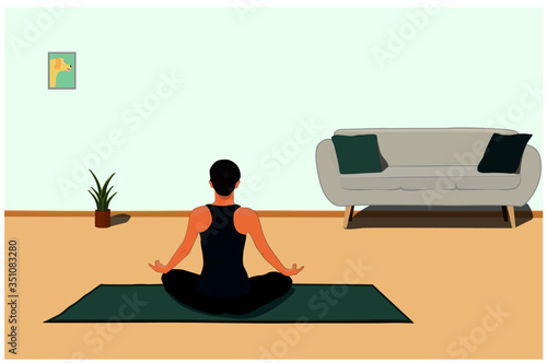 Mujer haciendo yoga en la sala de su casa
