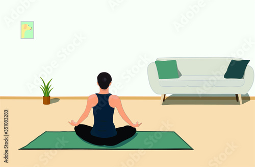 Mujer haciendo yoga en la sala de su casa