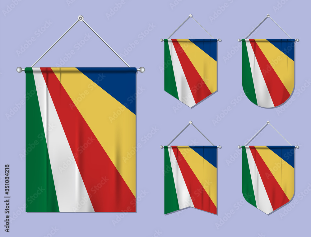 Set of hanging flags Seychelles with textile texture. Diversity shapes of the national flag country. Vertical template pennant for banner, web, logo, award and festival