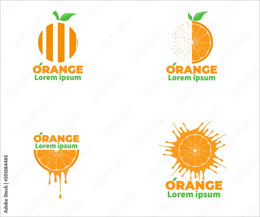 Set of Juicy, Splash, Striped, Sliced, Orange Fruit Logo Isolated on White Background. Orange Logo Package.  Vector Design Illustration