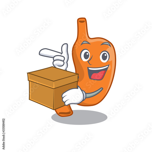 A cheerful stomach cartoon design concept having a box