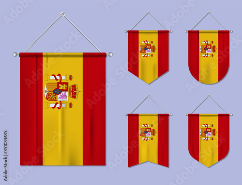 Set of hanging flags Spain with textile texture. Diversity shapes of the national flag country. Vertical template pennant for banner, web, logo, award and festival