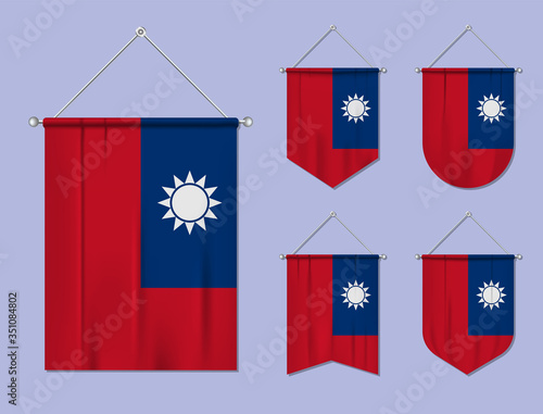 Set of hanging flags Taiwan with textile texture. Diversity shapes of the national flag country. Vertical template pennant for banner, web, logo, award and festival