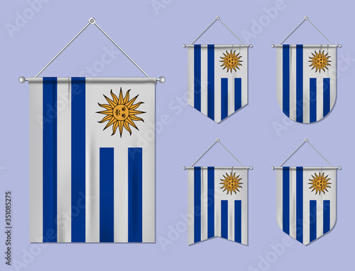Set of hanging flags Uruguay with textile texture. Diversity shapes of the national flag country. Vertical template pennant for banner, web, logo, award and festival