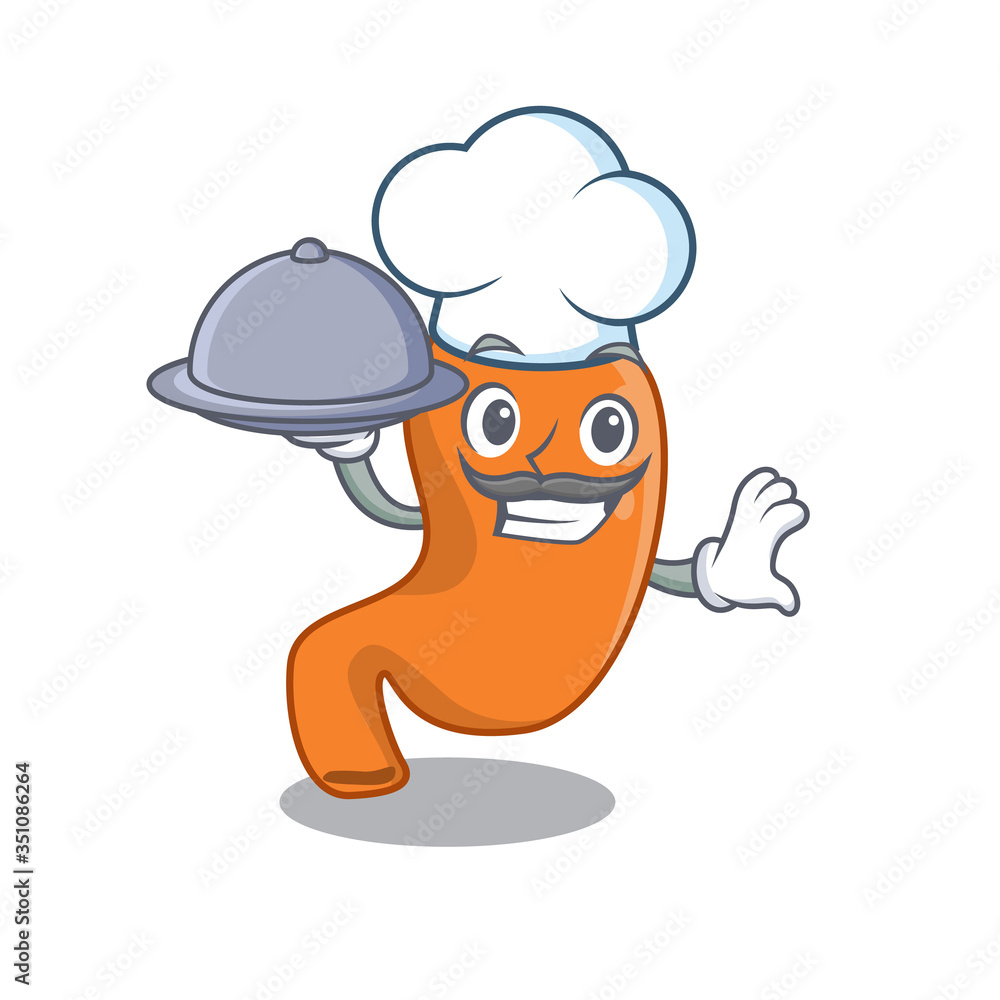 mascot design of stomach chef serving food on tray mascot design of stomach chef serving food on tray