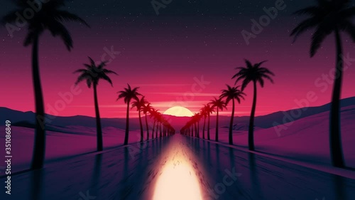 Sunset drive on tropical ocean coast road. Sunset sun over horizon. Palm tree silhouettes along the highway. Mountains on the skyline. Countryside evening trip. Retro wave style 4K Motion Animation