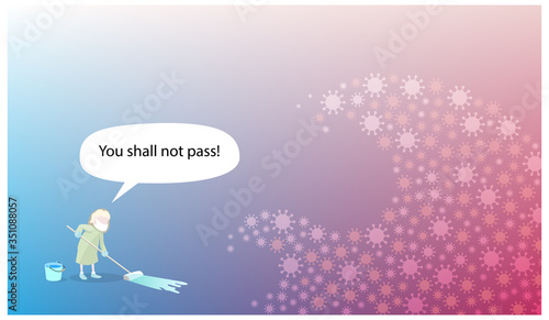 Coronavirus COVID-19 SARS-CoV-2 outbreak and influenza in light blue and pink background. Person is fighting with wave of virus. Pandemic medical health risk, virology, epidemiology concept. Vector.
