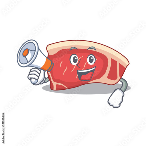 Mascot design of sirloin announcing new products on a megaphone