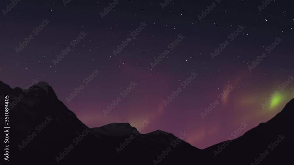 Night starry sky and northern lights or aurora borealis phenomena dynamic motion. Mountain or hill peaks silhouettes on the front. Beautiful scenery time lapse 4K animation with 3D render elements Night starry sky and northern lights or aurora borealis phenomena dynamic motion. Mountain or hill peaks silhouettes on the front. Beautiful scenery time lapse 4K animation with 3D render elements