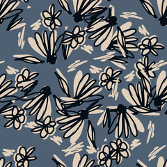 Fototapete Beigefarbene Muster Handgezeichnete Blumen Skizzen Muster Grau  © smth.design